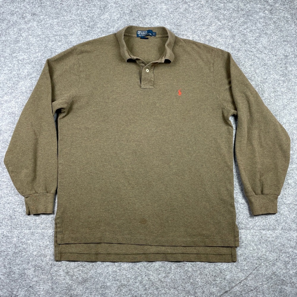 VTG Polo Ralph Lauren Polo Shirt Mens L Olive Green Long Sleeve Pony Classic 90s